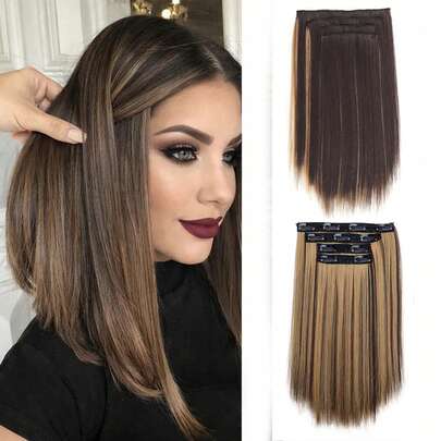 Four-Piece Set Of Synthetic Fiber Clip-On Hair Extensions, 14 Inches, Straightening Hair Extensions, With BB Clips, Invisible And Seamless, Specially Designed For Women.