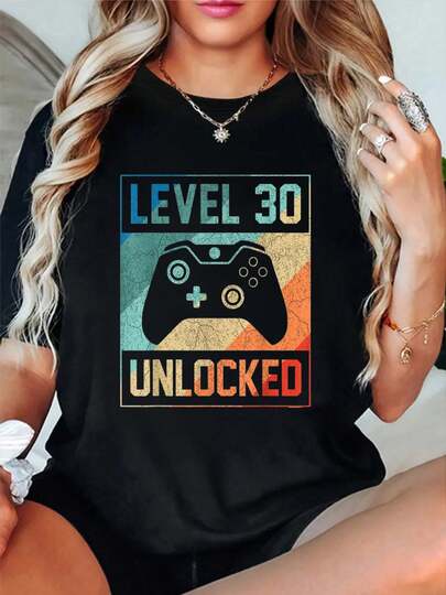 100% Cotton Level 30 Unlocked Video Gamer 30th Birthday Gifts T-Shirt Short Sleeve Round Neck Casual Top For Summer & Spring, Women's Men's Graphic Tee
