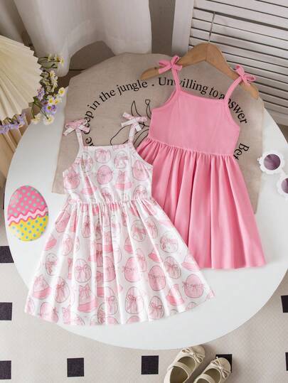 2pcs/Set Baby Girls' Easter Egg Print Bow Strap Casual Dress, Knitted Fabric, Soft & Comfortable, Vacation Style, Suitable For Spring/Summer Outdoor Activities, Toddlers, Parties, Easter Gifts, Daily Wear, Any Occasion