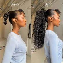 Deep Wave Drawstring Ponytail Hair Extensions 16-26 Inches Ponytail Natural Black Color Brazilian Remy Human Hair #1B 1piece - Natural Black - View 4