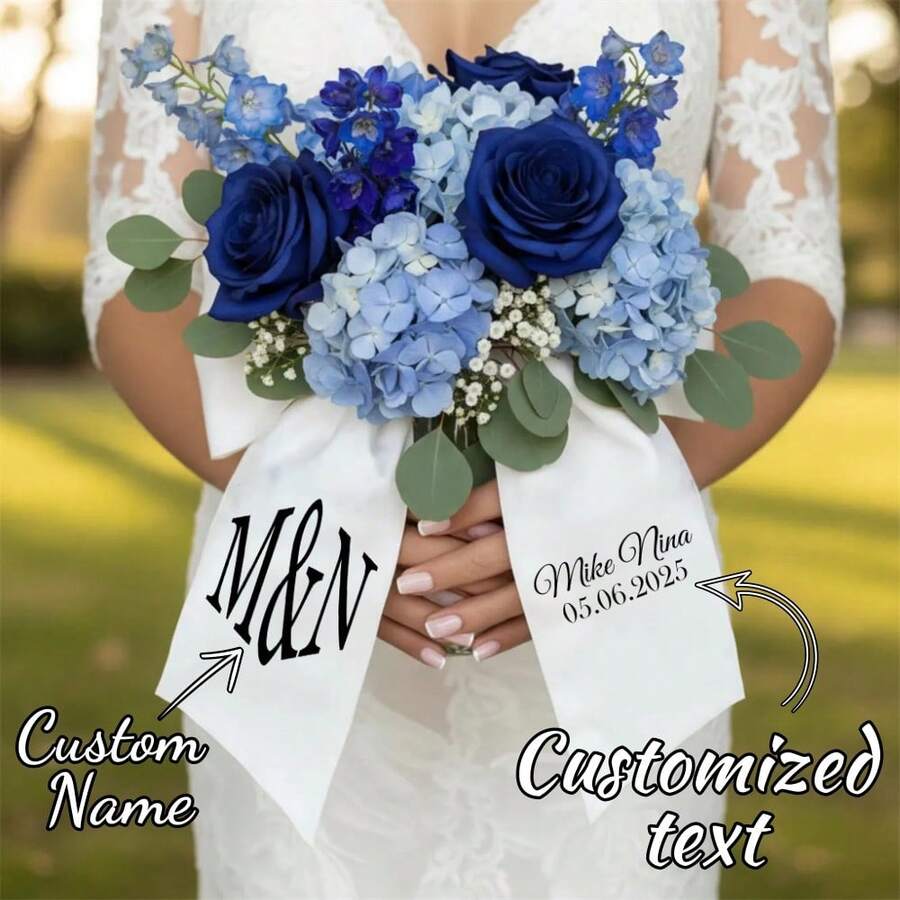 1件定制花束，7.5厘米宽丝带蝴蝶结，字母图案，适用于舞会、婚礼、伴娘、返校节、毕业典礼、情人节花束装饰