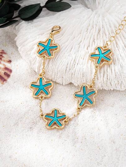 1 pieza Elegante, Lindo, Dulce, Trébol de la suerte Pulsera de aleación de esmalte de doble cara con estrella de mar, Joyería de moda para mujer, Adecuado para uso diario, vacaciones, fiestas, regalo perfecto para días festivos, San Valentín, Día de la Madre