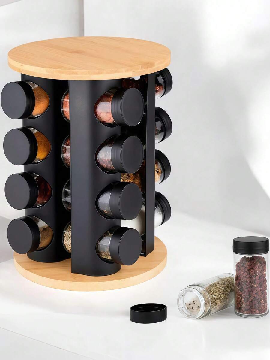 Rotating Multi-Layer Spice Jars Set, Multifunctional Seasoning Rack, Rotating Spice Boxes, Rotating Storage Rack Condiment Bottles, Spice Jars Combo Set, Rotating Spice Bottle Rack, 12/16/20PCS Kitchen Spice Jars 3-Tier/4-Tier/5-Tier Combo Set - Wooden Base - View 1