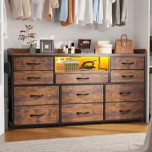 EnHomee Dresser For Bedroom With 11 Drawers 60" TV Stand With LED Lights & Charging Station Long Dresser With Shelves & 4 Hooks,Sturdy Metal Frame & Fabric Drawers - 查看 7