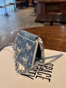 Women's Foldable Phone Case With Side Metal Buckle, Denim, 3 Rhinestones, Butterfly, Wrist Strap, Protective Cover, Fashionable Design, Suitable For Samsung Galaxy Z Flip7, Galaxy Z Flip7 FE, Galaxy Z Flip6, Galaxy Z Flip5 - Multicolor - View 3