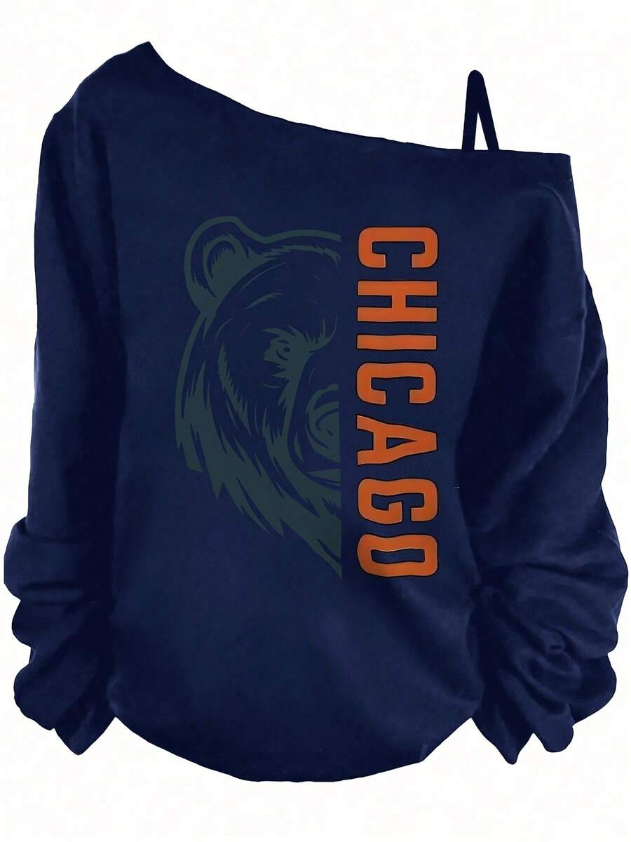 Summer Outfits For Women, Chicago Bear Graphic, Casual One Shoulder Long Sleeve Sweatshirt, Sporty Streetwear Style-Vacation Outfits Women, Theme Graphic Tees, Festival Wear, Fun Party - 藏蓝色 - 查看 1