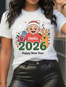 Damen 2026 Neujahr Cartoon Grafik Kurzarm T-Shirt Lässig Rundhals Festlich Bedrucktes Top für Feiertagsparty und Alltag - Weiss - Übersicht 6