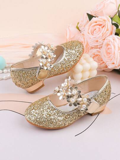 女童优雅金色花朵礼服鞋，适合正式场合、派对、婚礼、演出、舞蹈、节日、休闲穿着，适合幼儿、小女孩和大女孩。