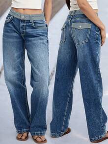 Women's Vintage Mid-Rise Straight Jeans Casual Patchwork Loose Jeans Back Pocket Flap Jeans - Rửa trung bình - Xem 1