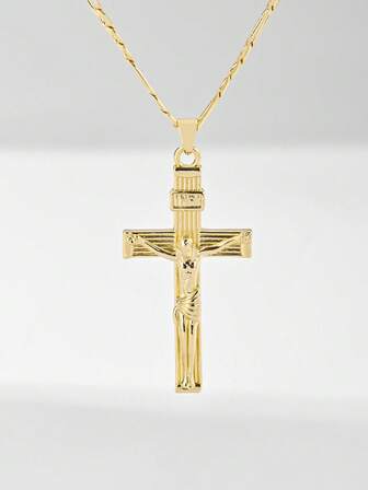 1pc Classic European Style Copper Jesus Cross Pendant Necklace, Limited Edition "Light Of Protection", Suitable As Gift For Christmas, Thanksgiving, Halloween, Mother's Day, Valentine's Day, Friends, Believers, First Holy Communion, Daily Wear And Prayer