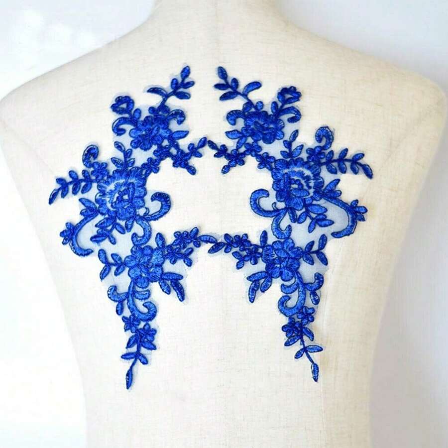 [Free Shipping]Applique With Sequin Corded Flower Embroidery Lace Motif Dress Patches For Craft Projects Mirror Pair (Royal Blue) - Xanh Hoàng Gia - Xem 1