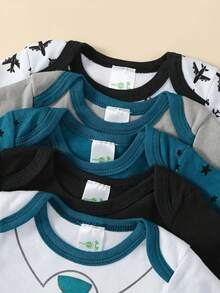 5-Piece Baby Triangle Jumpsuit Set Cotton Airplane Bowtie Printed Soft And Comfortable Baby Romper For Boys Wrapped Burden For Kids Baby Boys Clothes For Outdoor Use, Daily Home Wear - 灰色 - 查看 6
