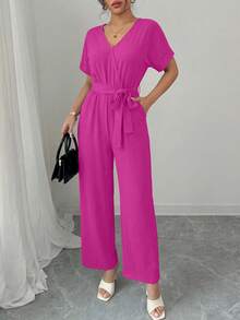 Women's Jumpsuit Casual Short Sleeve Wrap V Neck Belted Wide Leg Pants - Màu Hồng Tươi - Xem 5