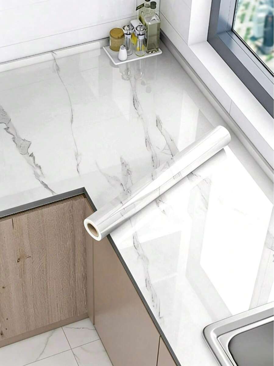 1pc White Glossy Faux Marble Peel And Stick Wallpaper, Waterproof Heat Resistant Non-Stick Kitchen Cabinet Drawer Renovation Wallpaper - White - View 1