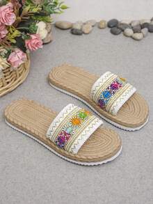1 Pair Women's Bohemian Style Woven Flat Sandals, Comfortable & Lightweight, White Strap Beach Slippers, Suitable For Summer Daily Wear And Beach - White - View 8