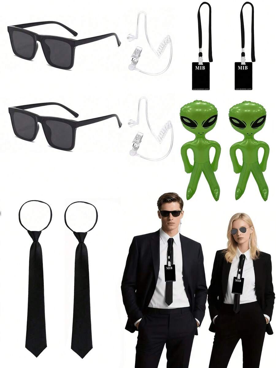 4/5/8/10pcs Fashion Creative MIB Agent Costume Accessories, Secret Agent Outfit Set Suitable For Men & Women Roleplay, Applicable For Valentine's Day Party, Christmas Ball, Cosplay, Men In Black Agent Accessories - Black - View 1