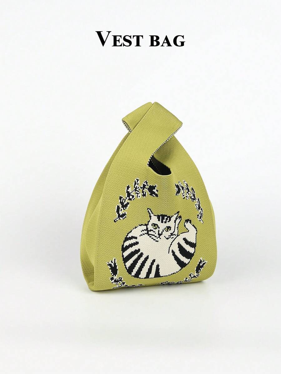 1个纯色镂空针织轻便可折叠休闲手提包腕包，适合女性/女孩日常、度假、上学、通勤，四季皆宜。