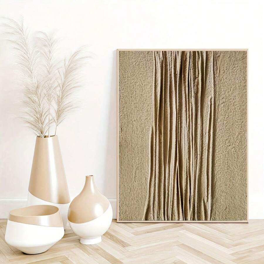 Handcrafted Beige Abstract Oil Painting Canvas - Minimalist Modern Wall Art, Frameless Decorative Panel For Living Room, Bedroom, Home Office - Chic Textured Interior Design, Indoor/Outdoor Use, Room Decor - Multicolor - View 1