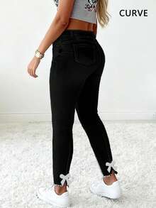 时尚水钻蝴蝶结修身加大码牛仔裤，休闲黑色春季款 - 黑色 - 查看 5