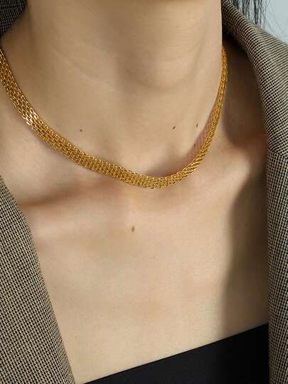 1pc Women's Necklace, Waterproof Beach Vacation Layered Style, Stainless Steel Hollow Grid Thick Chain Necklace, Daily Accessory Gift