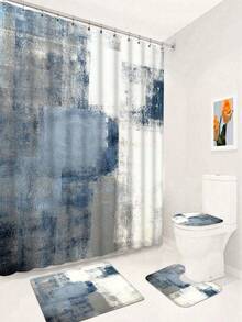 1/4 Piece Blue & White Bathroom Set, Including Shower Curtain, And 3 Non-Slip Rubber Backing Mats, Bathroom Accessories And Decor - Multicolor - View 20
