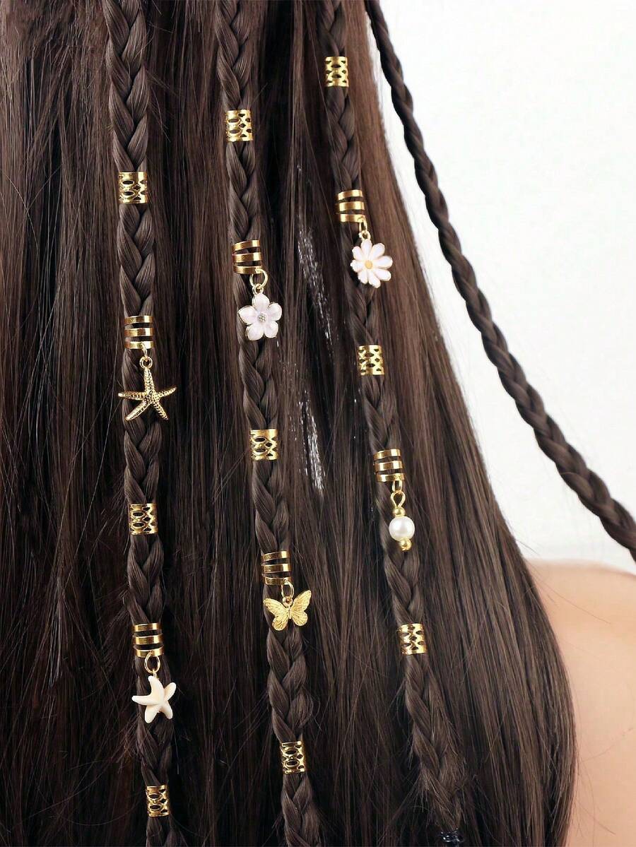 26个女士编发夹，沙滩发饰，个性化夏季假日编发夹，时尚复古，适合日常佩戴，发饰，配饰，编发夹，节日 - 金色 - 查看 1