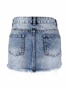 女士休闲水洗破洞迷你牛仔裙，直筒版型，无弹力，适合夏季穿搭 - 藍色 - 查看 3