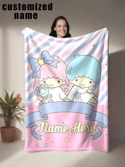  1pc Sanrio Twinkle Stars Themed Blanket, Customizable With Personal Name, Sweet And Cozy Style - Suitable For All Seasons, Soft, Lightweight, Warm, Ideal For Sofa, Bed, Outdoor - Perfect Birthday And Holiday Gift For Family And Friends