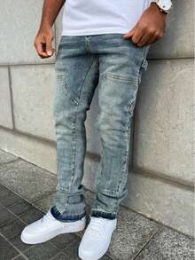 American Streetwear Vibe Flared Hem Split Hem Washed Straight Fit Stacked Jeans For Men - Medium Wash - View 1