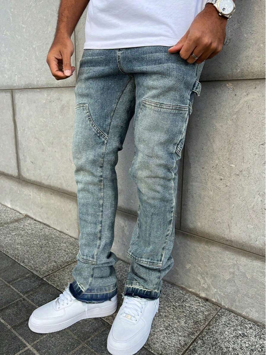American Streetwear Vibe Flared Hem Split Hem Washed Straight Fit Stacked Jeans For Men - Medium Wash - View 1