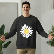 Sudadera de cuello redondo para parejas Flor de Margarita con Centro en Forma de Corazón 220g de algodón puro, modelo holgado y convencional Adecuado para todas las estaciones Puede usarse para el desplazamiento diario, hacer deporte y estar en casa impresión - Negro - Ver 3