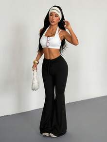 Quần nữ AITYI Studio, kiểu dáng ôm sát, thiết kế nhún bèo có dây rút, tôn dáng, thời trang, gợi cảm, thanh lịch, phù hợp cho hoạt động ngoài trời, đi làm, phong cách Y2K đa năng, thích hợp cho lễ tốt nghiệp, năm mới, ngày Valentine, mọi mùa, quần ống loe co giãn bằng vải dệt kim. - màu đen - Xem 6