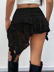 Women Summer Black Lace Mini Skirt With Shorts- Low Rise Y2K Pleated Ruffle Fairy Skirt Chic Layered Asymmetrical Half Slip Skirts For Sports, Party, Vacation, Valentine's Day Outfit - 黑色 - 查看 4