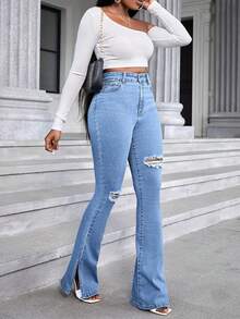 Jeans largos de mezclilla acampanados con rotos casuales para mujer, con dobladillo dividido y elasticidad media, elegantes y cómodos. - Azul lavado medio - Ver 5