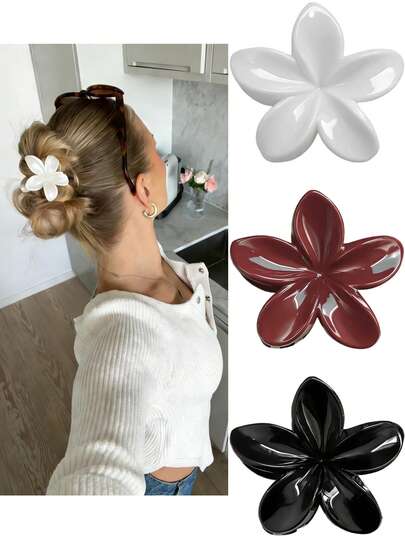 3 st/1 st 8,3 cm/3,26 tum vinröda, svarta, vita blomformade hårspännen i plast med lättviktsmönster, moderiktiga och mångsidiga, exklusiva och eleganta presenter, minimalistiska enfärgade hårklämmor, lämpliga för vardag, vardag, fest, pendling, strand, knut, hästsvans, ansiktstvätt, smink, outfitaccessoar