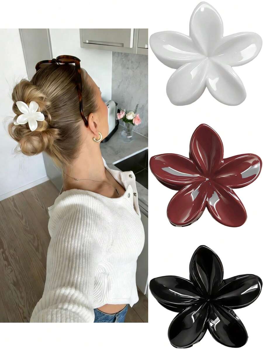 3个/1个 8.3厘米/3.26英寸 酒红色、黑色、白色 花形塑料轻巧发夹，时尚百搭高端优雅礼品，简约纯色发爪，适合日常、休闲、派对、通勤、海滩、丸子头、马尾辫、洗脸、化妆、服装配饰 女士发爪夹 优雅发饰 - 彩色 - 查看 1