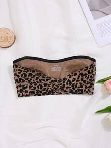 女士无缝豹纹衬垫文胸，无肩带，交叉后背设计，休闲舒适，简约薄纱，无钢圈，黑色，隐形基础款，可调节文胸，豹纹上衣 - 咖啡棕 - 查看 8