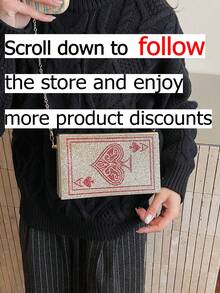 New Fashionable Diamond-Studded Playing Card Evening Bag, European And American Style Full Rhinestone Small Square Bag, Crossbody Bag With Chain Strap. Women's Bag In Champagne Gold With Box-Shaped Playing Card Logo Design, Top Metal Chain Design, Strong Magnetic Closure, Adjustable For Shoulder, Crossbody, Or Hand-Carry Wear - Champagne - View 2