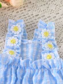 Blue & White Plaid Pet Suspender Dress With 3D Daisy Decor And Ruffle Trim, Suitable For Everyday Wear - Blue - View 6