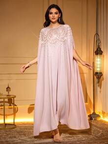 优雅长款阿巴雅，饰以仿珍珠和水钻锁子甲贴花，圆领蝙蝠袖，梭织面料，无弹力春季款 - 淺粉色 - 查看 8