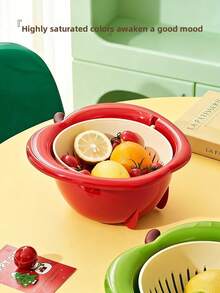 Large Plastic Double-Layer Double-Ear Drain Basket, Vegetable Washing Basin, Kitchen Fruit Basket - Red - View 9