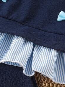 2件套女童可爱蝴蝶结二合一泡泡袖上衣和休闲蓝色喇叭裤套装，夏季 - 藍色 - 查看 6