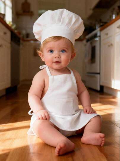 Newborn Baby White Chef Outfit Set, Soft Cotton Apron And Hat, Photography Props For Infant Studio Shoot