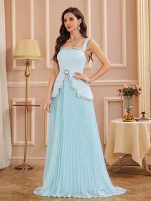 Elegant Women's Beaded High Waist Sleeveless Pleated Chiffon Maxi Princess Prom Dress - Baby Blue - View 6