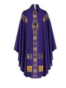 Medieval European Priest/Monk Robe Cosplay Costume, Includes: Printed Loose Robe, Fringed , Cross Accessory - Purple - View 6