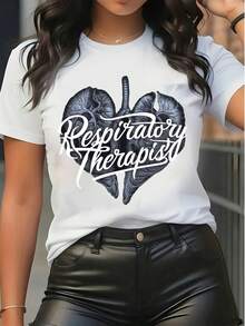 T-shirt casual bianca da donna con grafica polmone per terapista respiratorio, girocollo, maniche corte, vestibilità morbida, adatta per uso quotidiano - Bianco - Visualizzare 1