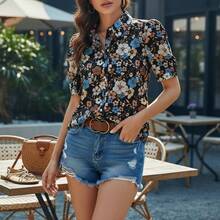 Women's Black Vintage Floral Blouse: Cottagecore Puff Sleeve Button-Down Top. Retro Short Crop Style Perfect For Date Nights, Summer Vacations, Or As A Stylish Going Out Top. - 混合色 - 查看 2