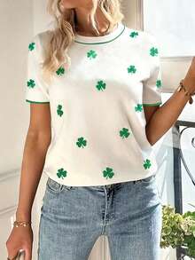 St. Patrick's Day Clover Print Casual Women's Round Neck Short Sleeve T-Shirt - White - View 2