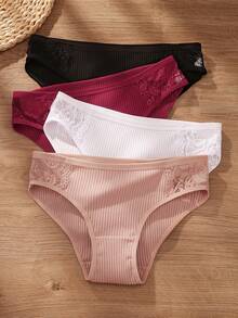 4pcs/Set Women's Comfortable Low Waist Contrast Lace Ribbed Panties - Multicolor - View 8