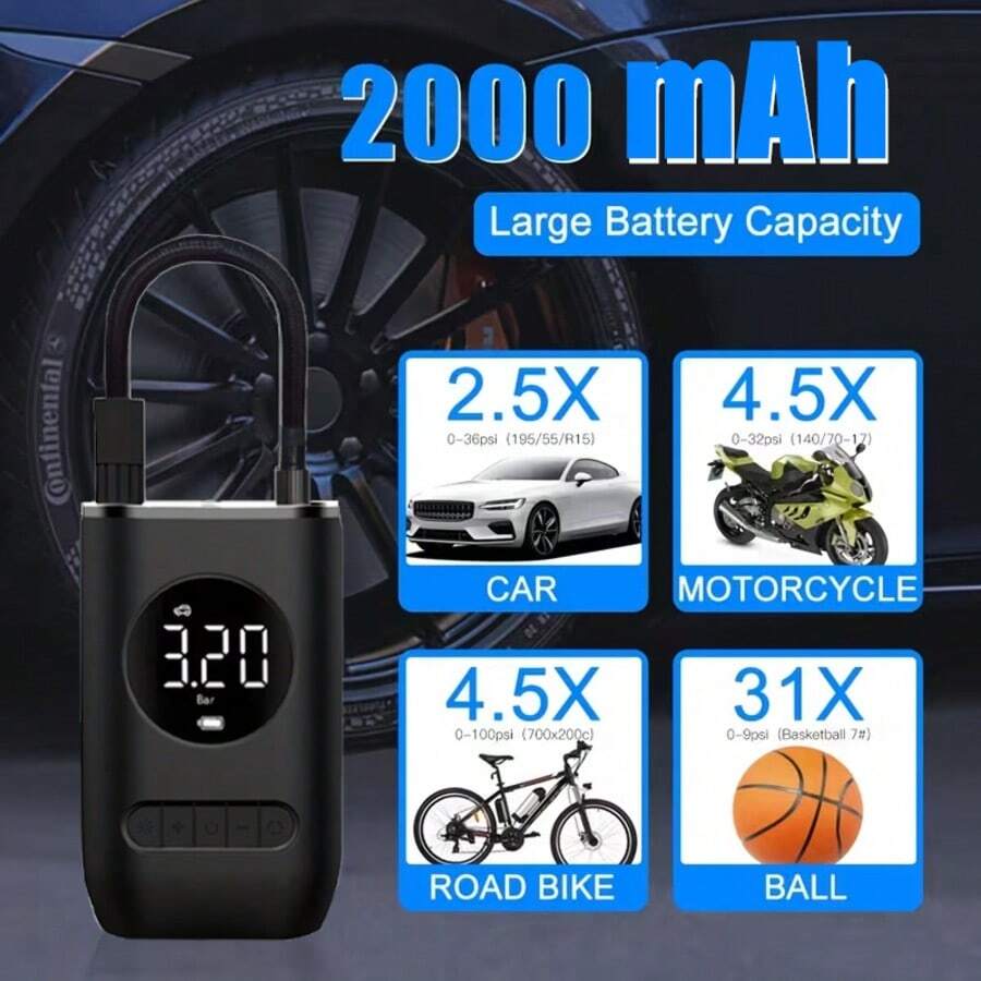 Portable Tire Inflator Air Compressor, Cordless Electric Pump With LED Light, USB Rechargeable, Lithium Battery Powered Handheld Design For Car, Bicycle, Sports Equipment - Wireless